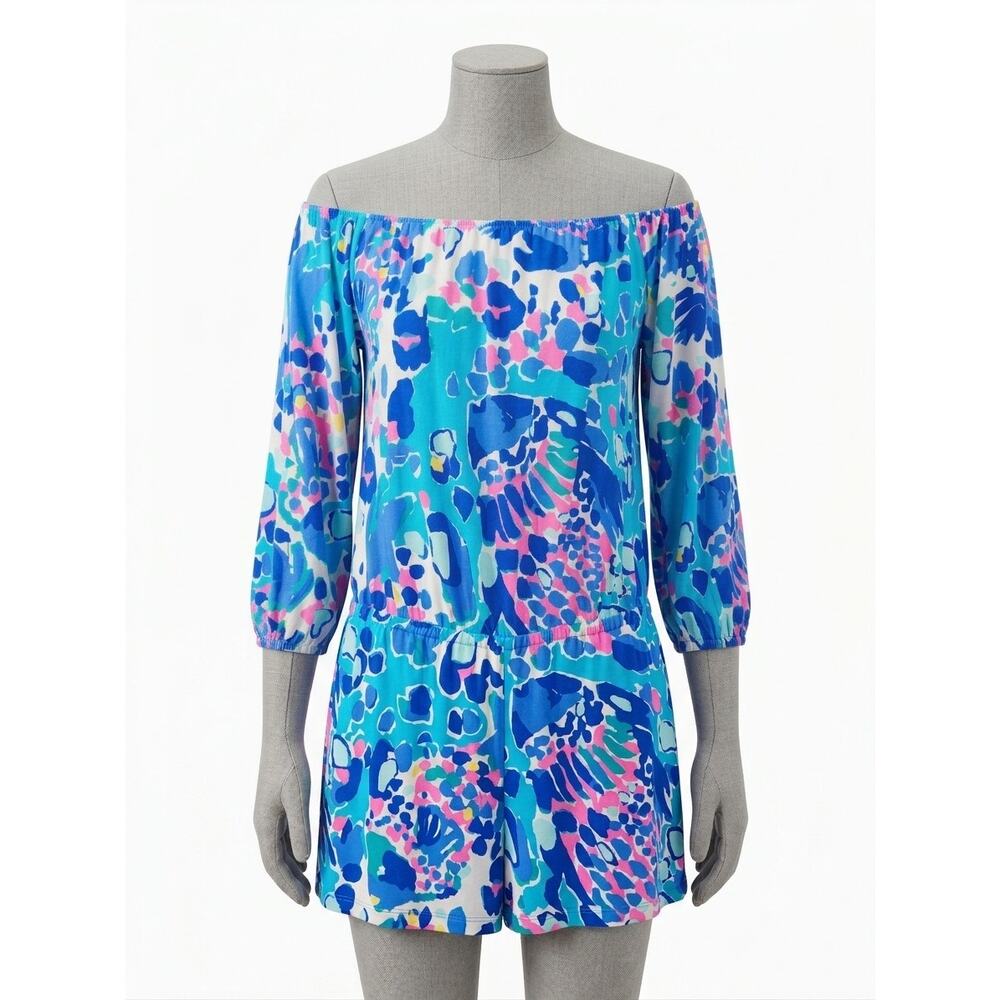 Lilly Pulitzer Lana Romper M Blue Pink Floral Off The Shoulder Long Sleeve Boho